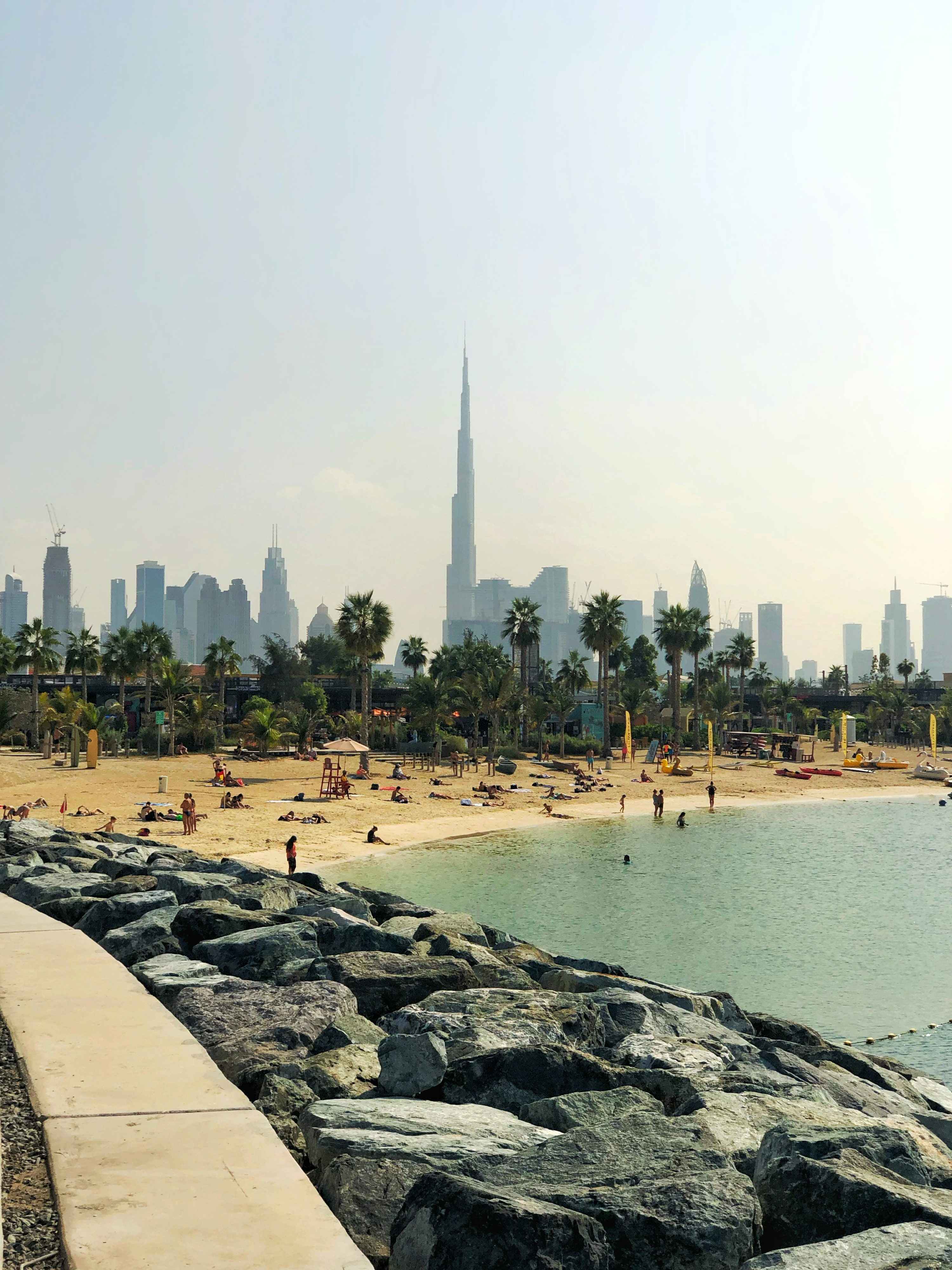 People on shore in front of high-rise buildings