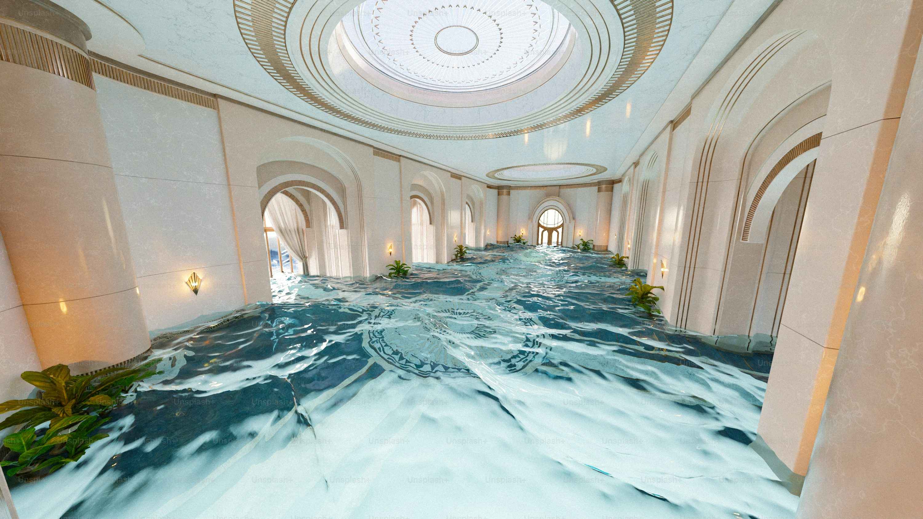An elegant building is filled with water